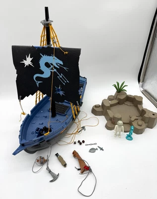 1991 Playmobil Geobra Pirate Ship Vintage Toy - Blue w/ Black Sails + Extras - Image 1 of 4