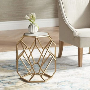 Modern Gold Metal Hexagon Accent Table 20 1/2" White Tabletop for Living Room - Picture 1 of 6