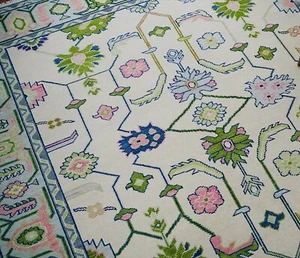 Modern Oushak Hand Knotted 8x10 Floral Rug 100% Wool Ivory Blue for Living Room - Picture 1 of 7