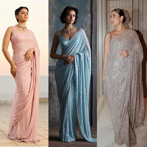 Camicetta indiana Saree Party Wear Wedding Designer Sari Bollywood etnica pakistana - Foto 1 di 7