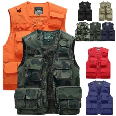 Mens Cargo Multi Pocket Utility Vest Fishing Hiking Camping Gilet Waistcoat Tops - Image 1 of 4