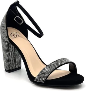 Women's LILY Chunky Heel Rhinestone Pump Ankle Strap Sandals BLACK 7.5 - Picture 1 of 2