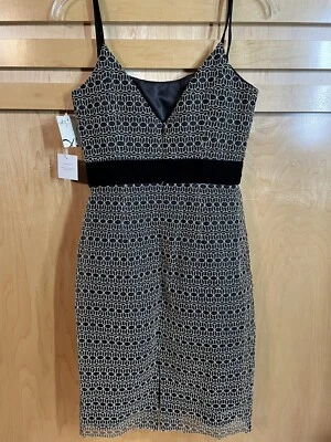 Vestido justo Milly tamanho 2 preto dourado geométrico alça espaguete mistura de seda novo com etiquetas - Imagem 1 de 4