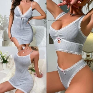 Gray Women Sexy-Lingerie Sleepwear Babydoll Night Dress Cotton Nightwear Pajamas - Picture 1 of 25