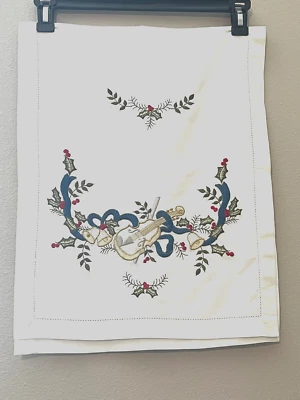 White Hemstitch Embroidered Holiday Table Runner Violin Bells 40 in x 15.5 in - Image 1 of 2