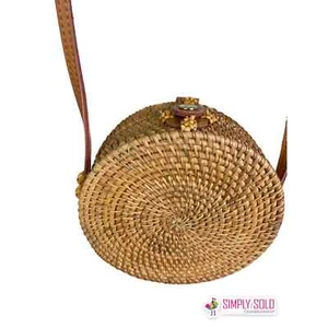 Urban Outfitters Womens Round Rattan Crossbody Bag Gingham Liner Snap Boho S - Picture 1 of 9