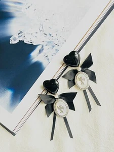 Black Heart Love Bow Silver Cupid Angel Moonstone Retro Pierced, Earrings Women - Picture 1 of 6