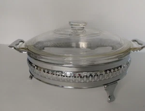 Anchor Hocking Clear Covered Casserole dish with lid and silver/chrome holder. - Picture 1 of 10