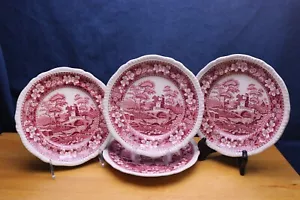 Vintage Copeland SPODE Pink TOWER 4 Salad Plates England Old Mark Red Round - Picture 1 of 9