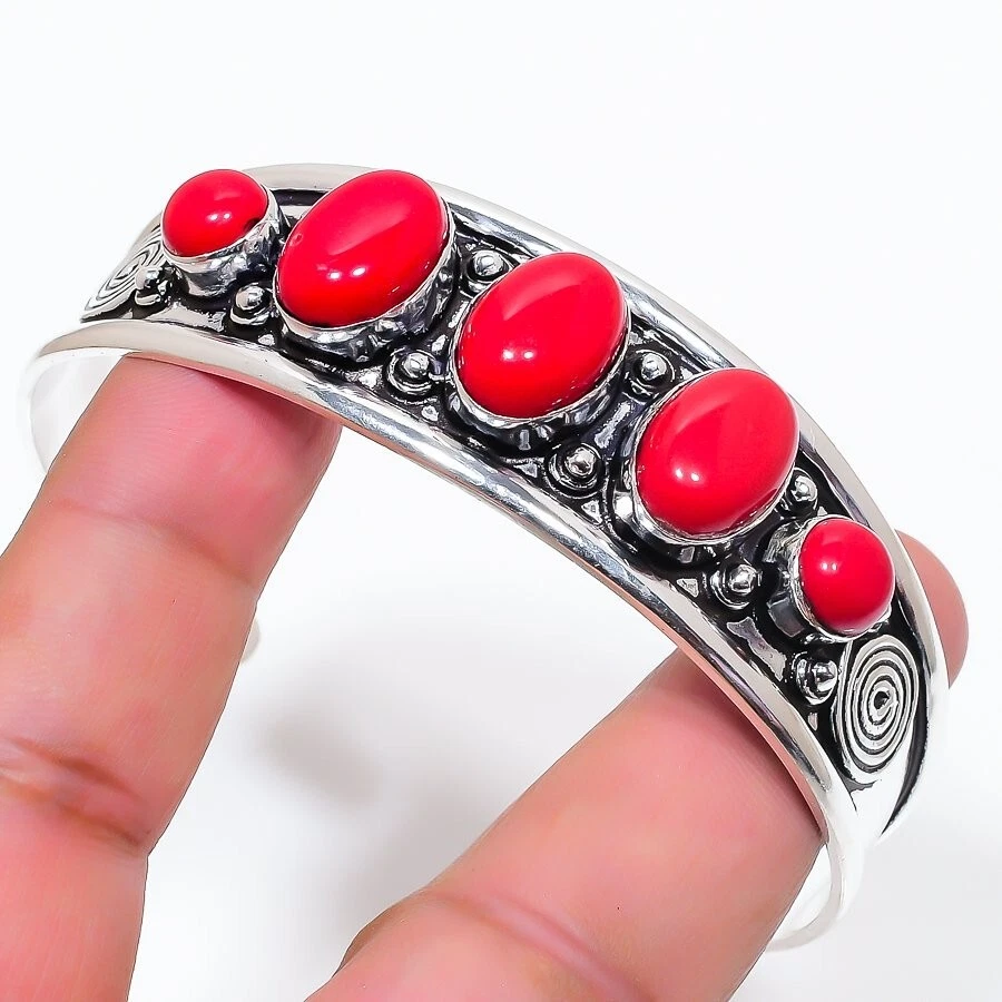 Red Coral Gemstone 925 Sterling Silver Jewelry Adjustable Cuff Bracelet - Image 1 of 1