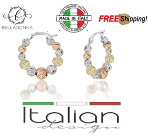 Italian 18K Gold Tri Color Plated Hoop Earrings Silver Beaded 25mm 925 Sterling - Picture 1 of 9