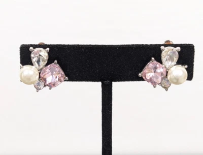 Brincos de casamento rosa facetado strass falso pérola tom prata clipe nupcial - Imagem 1 de 4