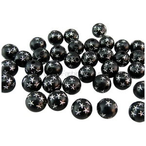 100PCS 8MM SPARKLING BLACK SILVER STAR ACRYLIC ROUND BEADS FOR JEWELLERY MAKING - Picture 1 of 2