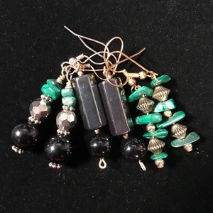 3 Pair Earrings Lot Stone Drops Dangles Hematite Malachite Onyx Glass Beads - Picture 1 of 6