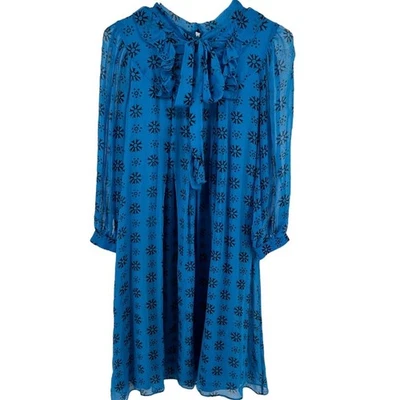 Vestido Anna Sui Estampado Corbata Frontal Cuello Simulado Gasa Fluido Cóctel Azul 6 Foto 1 de 4