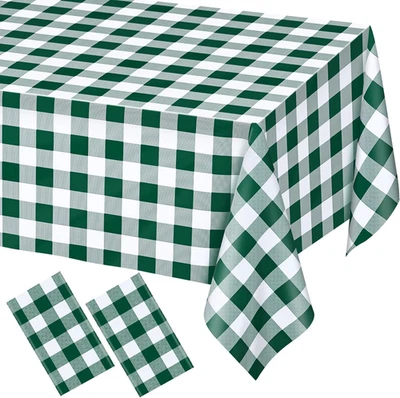 2 Pack Green and White Checkered Rectangular Plastic Tablecloths, Green Gingham - Image 1 of 4