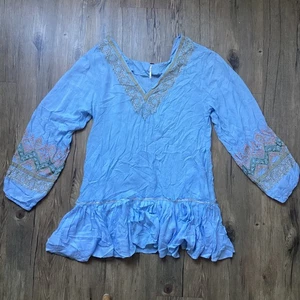 Free People Embroidered Peasant Boho Style Mini Dress Blue Size Medium - Picture 1 of 14