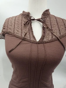 Y2K Babydoll l.e.i Top Brown Lace And Tie Front Size M - Picture 1 of 7
