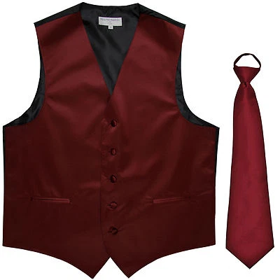 New Men's Formal Tuxedo Vest Waistcoat Pre-tied Necktie solid burgundy wedding - Image 1 of 4