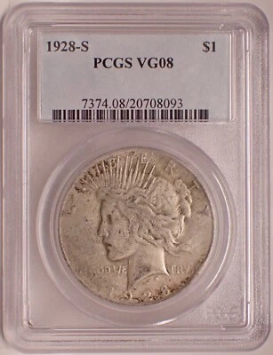 1928-S Peace Dollar PCGS VG08 ~ Gen 4.4 ~ Rare, Pop 2 in VG8 - Image 1 of 4
