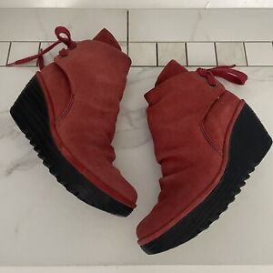 Fly London Yama Ankle Boots Womens 36 US 5.5-6 Red Suede Leather Wedge Booties