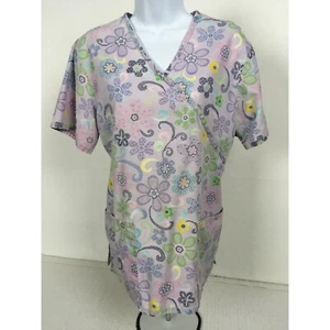 SB Women Scrub Top Size S Purple w Multicolor Flowers Pockets Short Sleeves Vnec - Picture 1 of 16