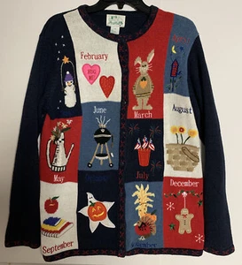 Quaker Factory Navy Calendario Cardigan Maglione Bottoni Vintage Granny Core Tg. Sm - Foto 1 di 11