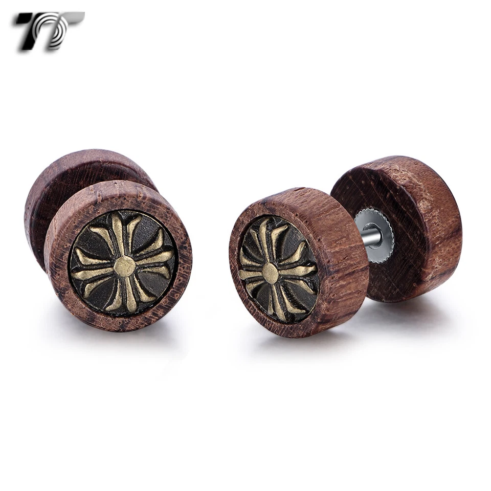 TT 10mm Acero Quirúrgico Redondo Cruz Madera Falso Pendientes Tapón para los Oídos (BE279) NUEVO Foto 1 de 1