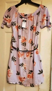 NEW Rue 21 Purple Floral Pink Rose Off Shoulder Mini Dress Jr Women's Size S NWT - Picture 1 of 8
