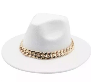 Ladies Wide Brim Fedora Hat with Gold Chain. - Picture 1 of 1