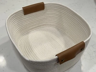 Off White Rope Drawer Rounded Rectangular Bin Basket Removable Leather Handles - Image 1 of 4