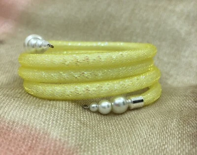 Gift. Handmade Yellow Shinny Nylon Mesh Tubing Bracelet, White Pearl - Jewellery - Image 1 of 4