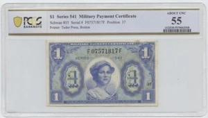 $1 Series 541 Military Payment Certificate Schwan 855 PCGS About Unc 55 - Picture 1 of 2