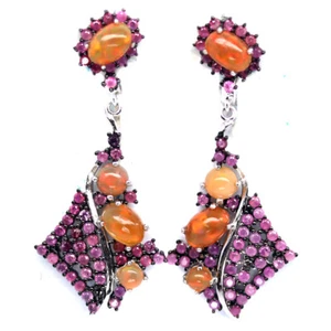 925 Sterling Silver Multicolor Opal & Pink Sapphire Two Tone Earrings - Picture 1 of 4