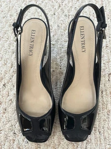 Ellen Tracy Black Patent Leather "Malone" Slingback Open Toe Heels - 7.5M - Picture 1 of 7