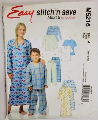 2006 Stitch 'n Save Pattern 5216 Boys & Girls Top Nightshirt Pants XSm-Sm Uncut - Image 1 of 4