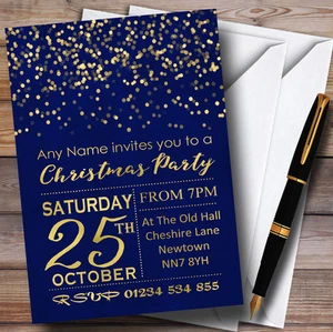 Blue With Gold Confetti Personalised Christmas Party Invitations - Picture 1 of 1