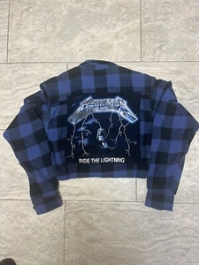 Metallica Shirt Boxy Large Purple Plaid Flannel Upcycled Ride the Lightning Rock - Picture 1 of 10