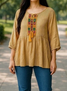 Top tunica Studio West Boho L giallo a righe ricamato specchio nappa contadina - Foto 1 di 9