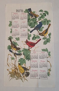 KALENDER Geschirrtuch ** Vintage 1973 Leinen VÖGEL ** unbenutzt - Bild 1 von 4