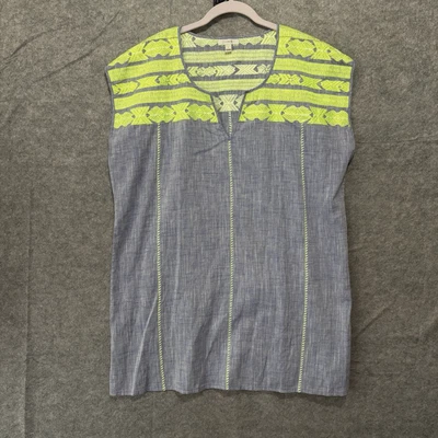 J. Blusa feminina Crew sem mangas mistura de linho tamanho G azul cambraia bordada - Imagem 1 de 4