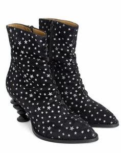 John Fluevog Powerhouse JYoti Zip Ankle Boots Women Size 8.5 Black Stars Rare - Picture 1 of 20