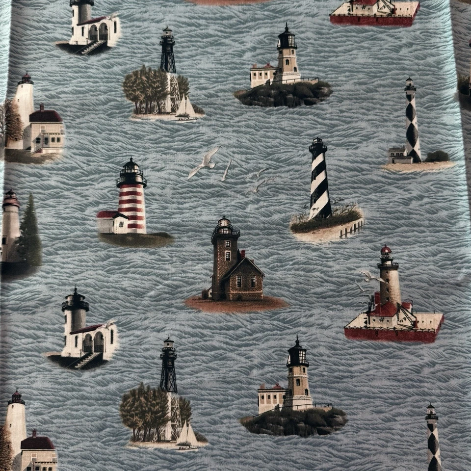 Vtg Blue Lighthouse Fabric VIP Cranston Village US Postal Service Cotton 2 Yards - Image 1 of 4