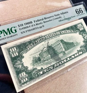 Fr. 2020-F 1969B $10 FRN ATLANTA "OFFSET PRINTING ERROR" PMG 66 EPQ - GEM UNC - Picture 1 of 3