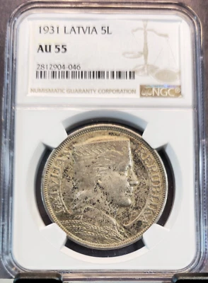 1931 LATVIA SILVER 5 LATI LATVIAN FOLK DRESS NGC AU 55 GREAT COIN - Image 1 of 3
