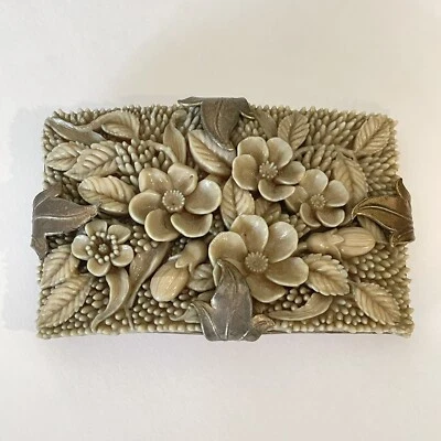 Vintage H Pomerantz Belt Buckle Carved Celluloid Silver Tone Floral Victorian  - Image 1 of 4