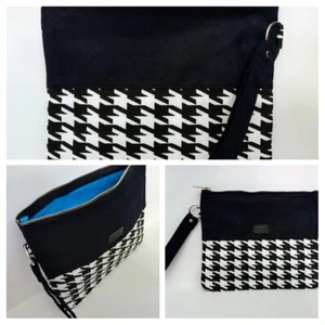 Mel Boteri Women's Black & White Houndstooth Design Canvas Clutch Bag 9"x11" NEW - Picture 1 of 12