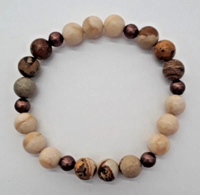 NUEVO BRAZALETE CON CUENTAS DE JASPE Y JASPE FÓSIL CON IMAGEN DE 8 MM, COMPRA 2 OBTÉN EL TERCERO GRATIS Foto 1 de 3