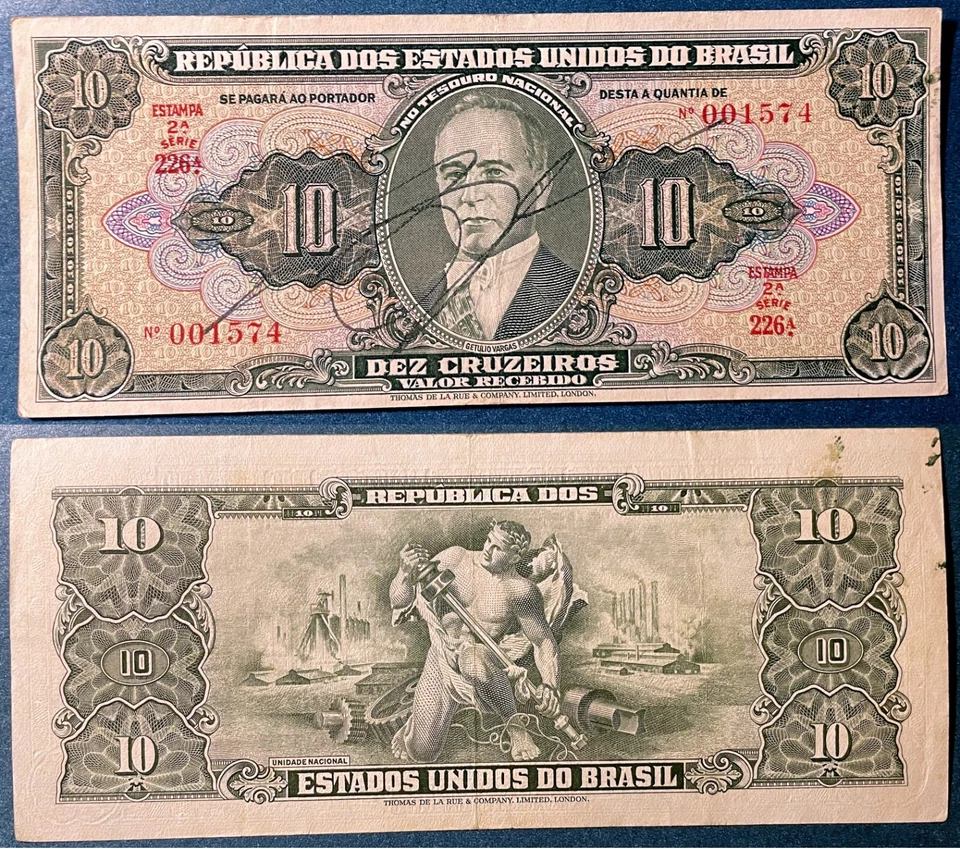 Brazil ND (1950) 10 Cruzeiros Thesouro Nacional P-143 Hand Sign Serie226A aUNC - Image 1 of 1