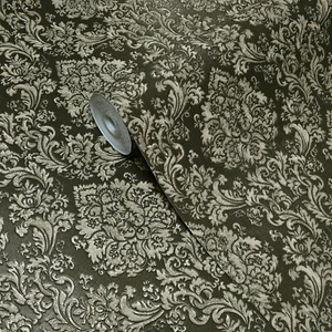 Dark gray bronze gold metallic Victorian damask faux fabric textured Wallpaper - Picture 1 of 14